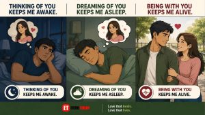 Thinking of you keeps me awake. Dreaming of you keeps me asleep. Being with you keeps me alive
